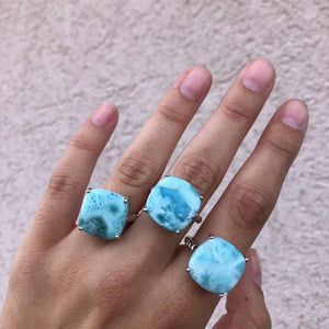 Square Larimar Ring with Rope Design - Sterling Silver