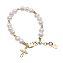 Load image into Gallery viewer, Mae - 14K Gold-Plated Pearl Bracelet with Cross