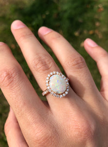 14K Rose Gold Oval Opal and Diamond Ring