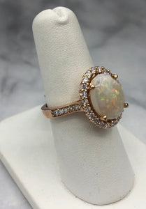 14K Rose Gold Oval Opal and Diamond Ring