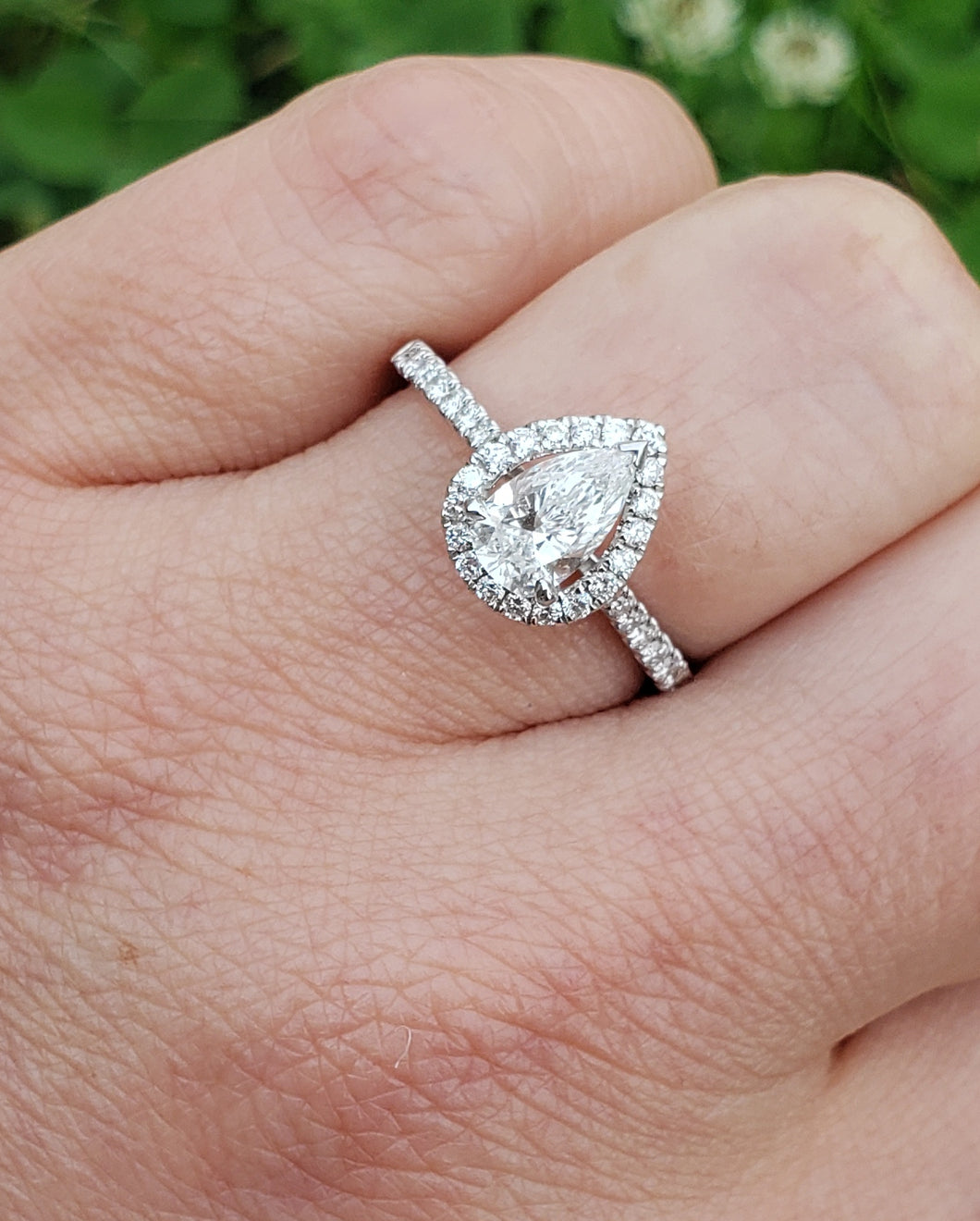 14K White Gold Pear Shaped Engagement Ring with Diamond Halo