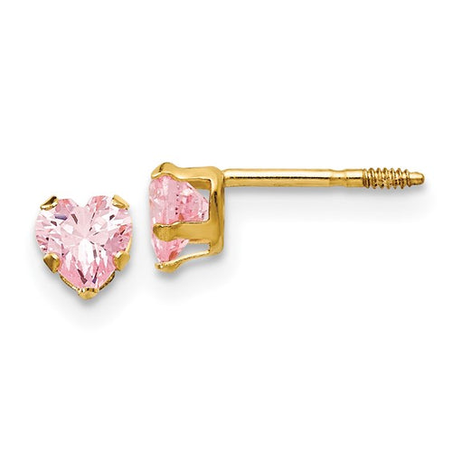Pink CZ Heart Screwback Earrings -14K Yellow Gold