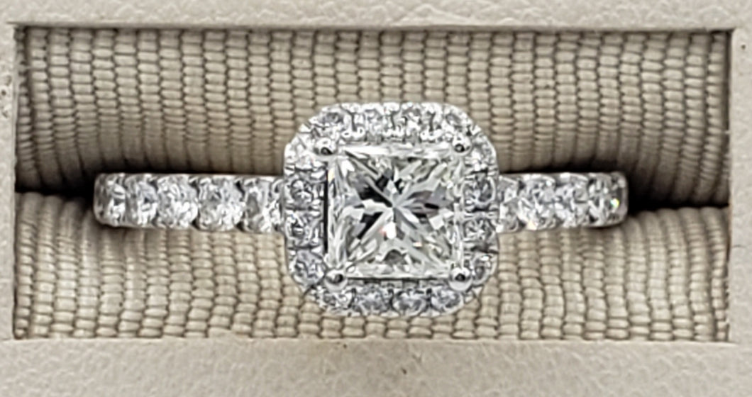 14K White Gold Princess Cut Engagement Ring with Diamond Halo