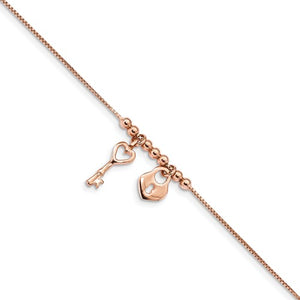 Sterling Silver Rose-tone Polished Heart Lock 9in with 1in Anklet