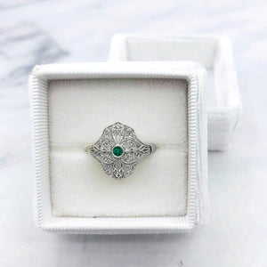 Vintage Style Emerald & Diamond Ring - 14K White Gold