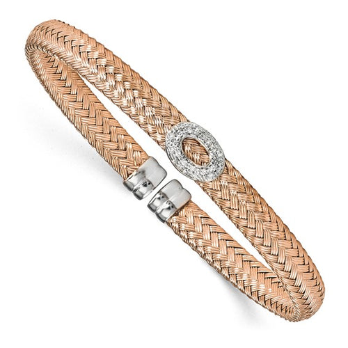 Sterling Silver Rose-tone CZ Woven Cuff