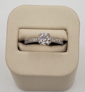 14K White Gold Round Brilliant Cut Diamond Engagement Ring with Diamonds on the band GIA Certified