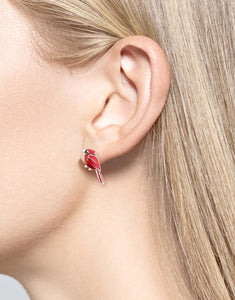 Sterling Silver Cardinal Bird Stud Earrings - Red