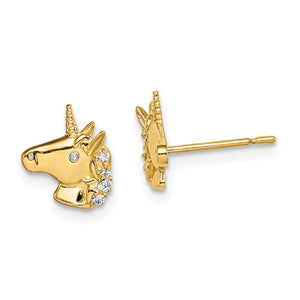 Gold Unicorn CZ Stud Earrings - 14K Gold