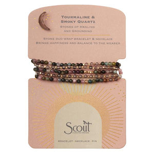 Stone Duo Wrap Bracelet/Necklace/Pin - Tourmaline & Smoky Quartz