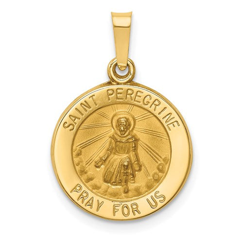 Saint (St) Peregrine Medal Hollow Pendant - 14K Yellow Gold