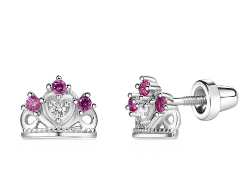 Sterling Silver Screw-Back Princess Tiara Earrings for Kids