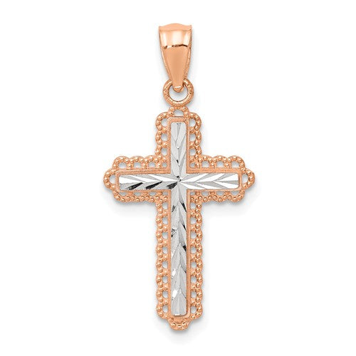 Two Tone Diamond Cut Cross Pendant - 14k Rose Gold & White Gold